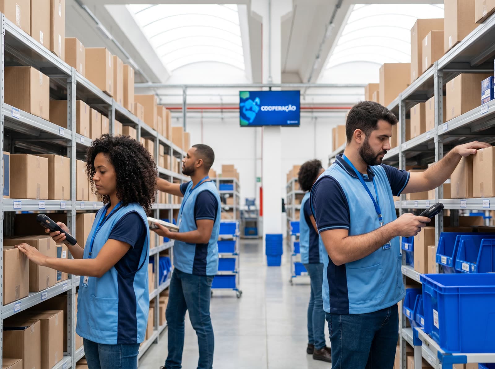 Missionários fazendo separação de caixas em centro de distribuição