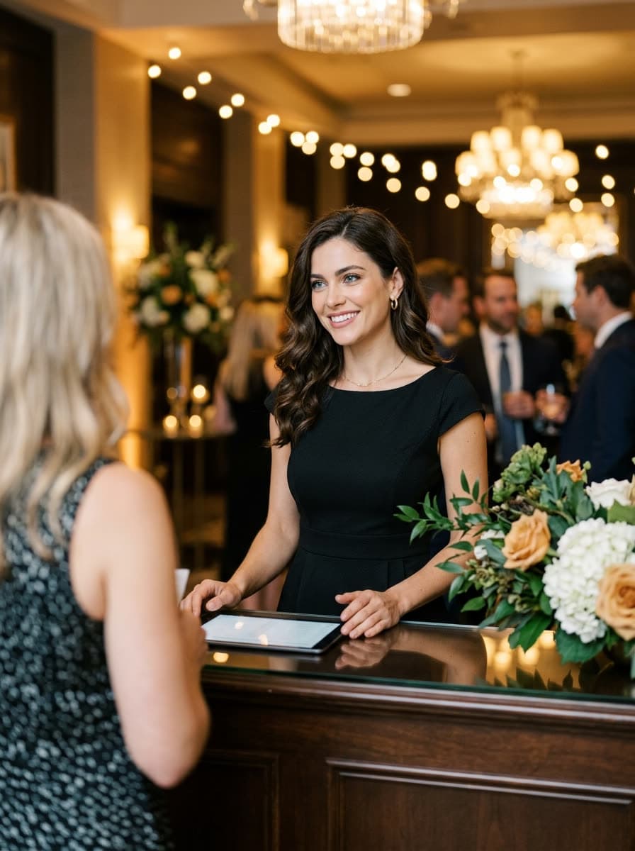 Modelo trabalhando na recepção de um evento elegante