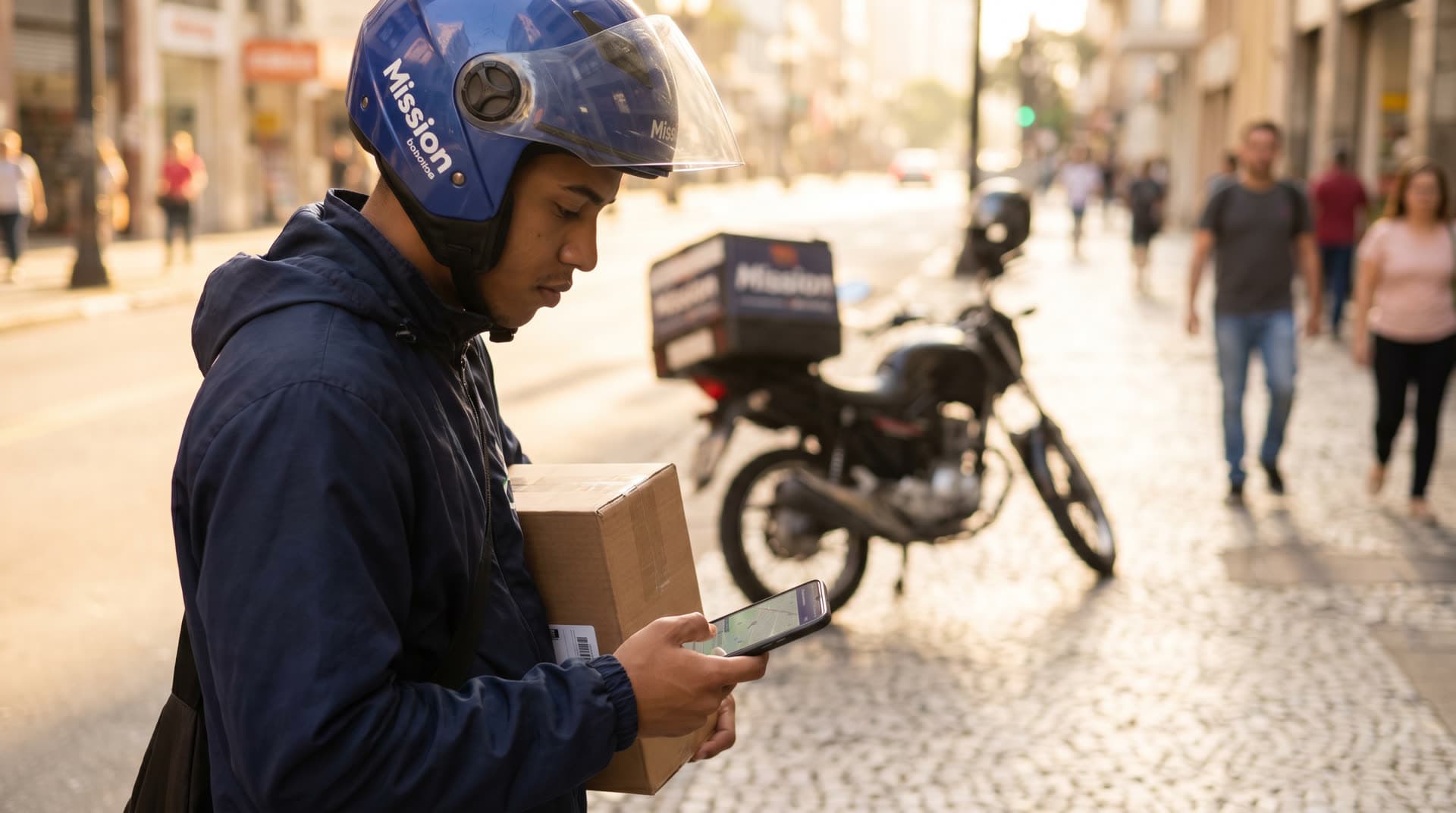 Missionário de moto fazendo entrega de última milha