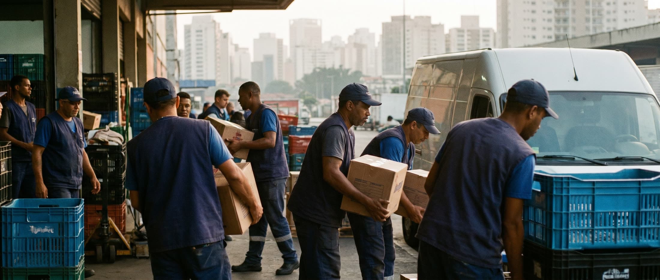 Equipe de last mile da Mission carregando van de entrega ao amanhecer com o skyline de São Paulo ao fundo
